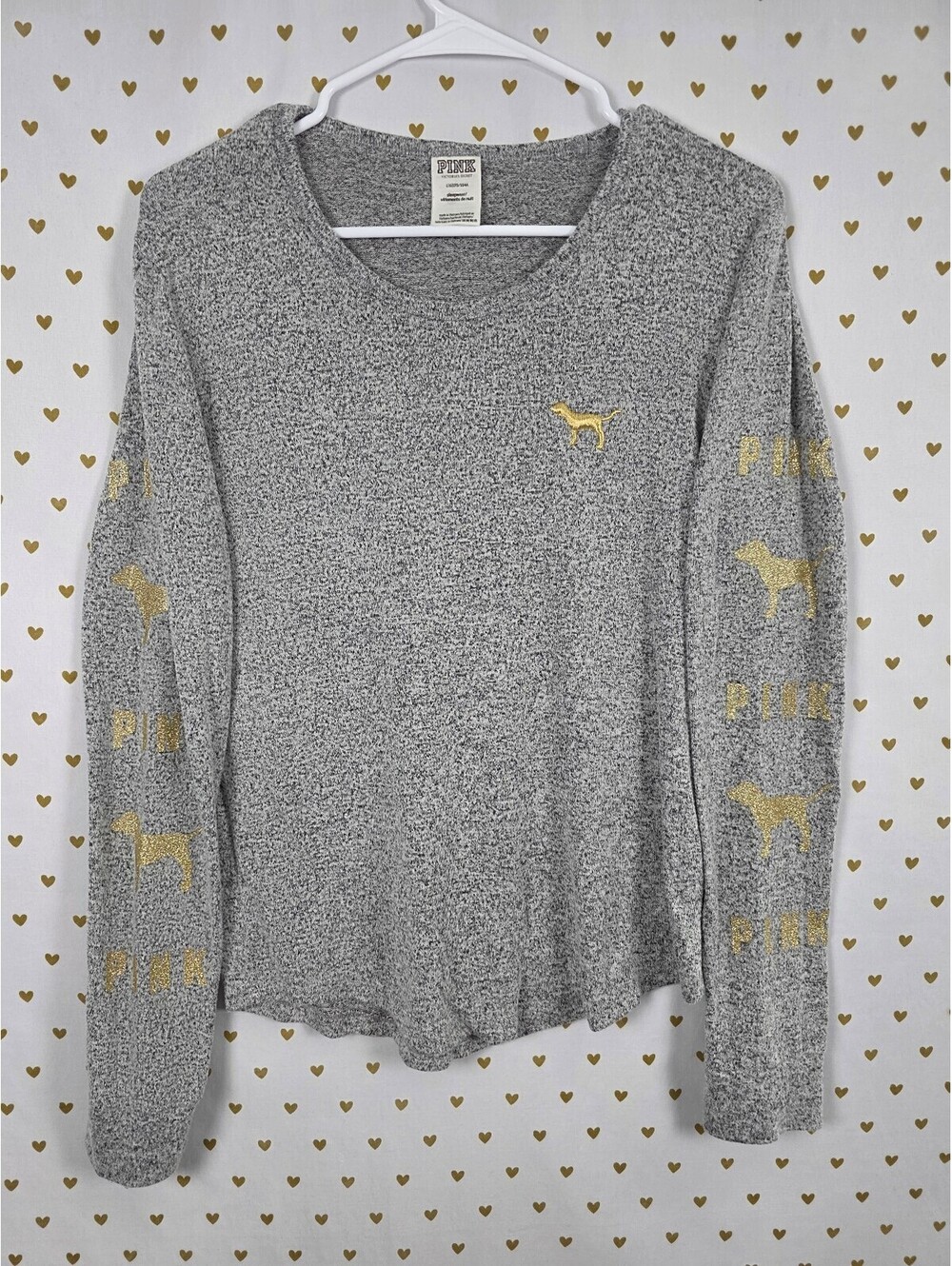 Victorias Secret PINK Grey Gold Glitter Bling Long Sleeve Tee shirt LARGE